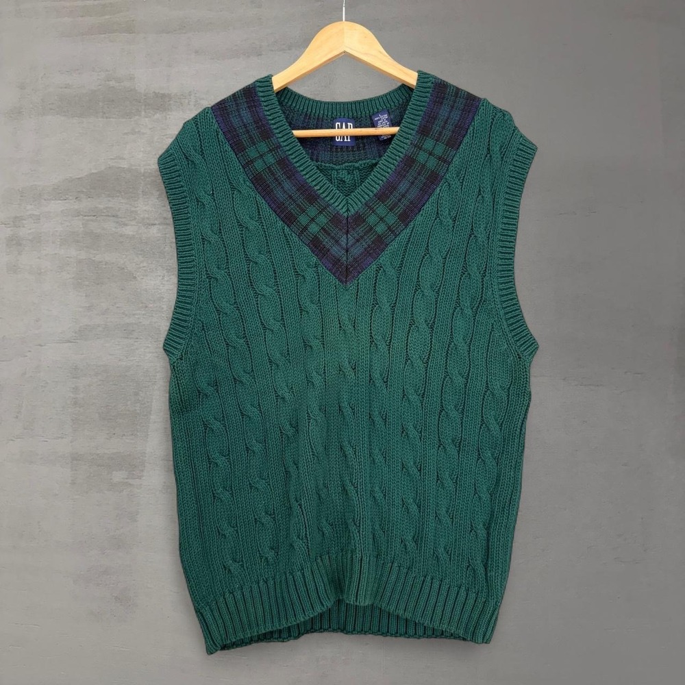Vintage Gap Sweater Vest Green Cable Knit Plaid V-Neck Cotton Preppy Large